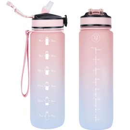 NAVTUE 1L Water Bottle with Straw, Sports Drinks Bottle with Time Markings, Leak Proof, Tritan BPA free for School/Cycling/Running (PinkBlue)