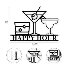 Vintage Happy Hour Metal Bar Wall Art - Rustic Cocktail Motifs Decor with Matte Black Finish, 13.4x10.2 Inch Farmhouse Accessories for Home Bar/Man Cave/Patio & Outdoor Wall Decor