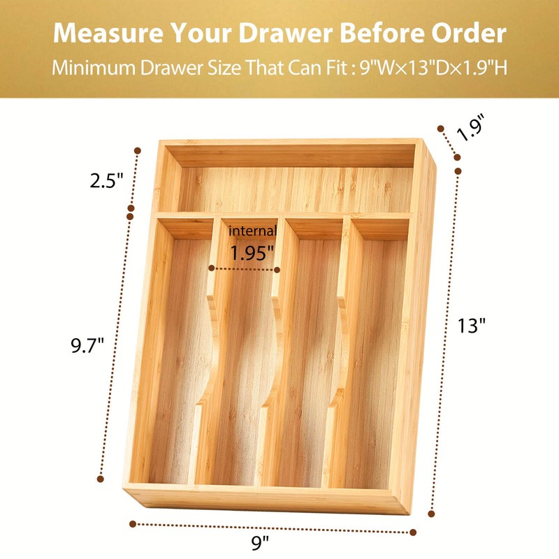 Umilife Bamboo Kitchen Drawer Organizer, 9 Inch Silverware Utensils Tray