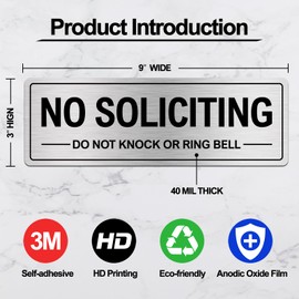 No Soliciting Sign, 9"x3" Self-adhesive No Solitation Do Not Knock or Ring Bell Sign - Brushed Aluminum, UV Resistant, Waterproof Signs for House, Home, Office, Door - 2 Pack