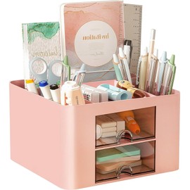 Drawer Organizers, 4 sections & 2 drawers Pen Holder for Desktop Storage, Desk Organizer and Accessories, Plastic Makeup Organizer, Desk Organization for School, Home, Office Supplies (Pink)