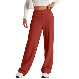EVALESS Womens High Waist Button Stretchy Work Pants Straight Leg Office Ladies Dress Pant Business Casual Trousers Knit Comfy Loose Travel Slacks Cute 2025 Yoga Womens Pants with Pocket Orange Small