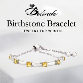 Belinda Jewelz Fine Bracelet Tennis Style Pull String Birthstone Jewelry Gift for Women 925 Sterling Silver Sparkling Square Bolo Gemstone Jewellery Adjustable Bracelets, Gemstone, citrine