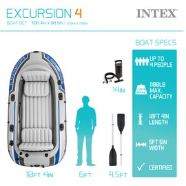 INTEX 68324EP Excursion 4 Inflatable Boat Set: Includes Deluxe 54in Aluminum Oars and High-Output Pump – Adjustable Seats with Backrest – Fishing Rod Holders – 4-Person – 1100lb Weight Capacity