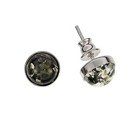 Artisana Jewellery Amber Earrings Round Green Stud Earrings 925/000 Sterling Silver Rhodium-Plated, Rhodium-plated 925/000 sterling silver Baltic Amber, Amber