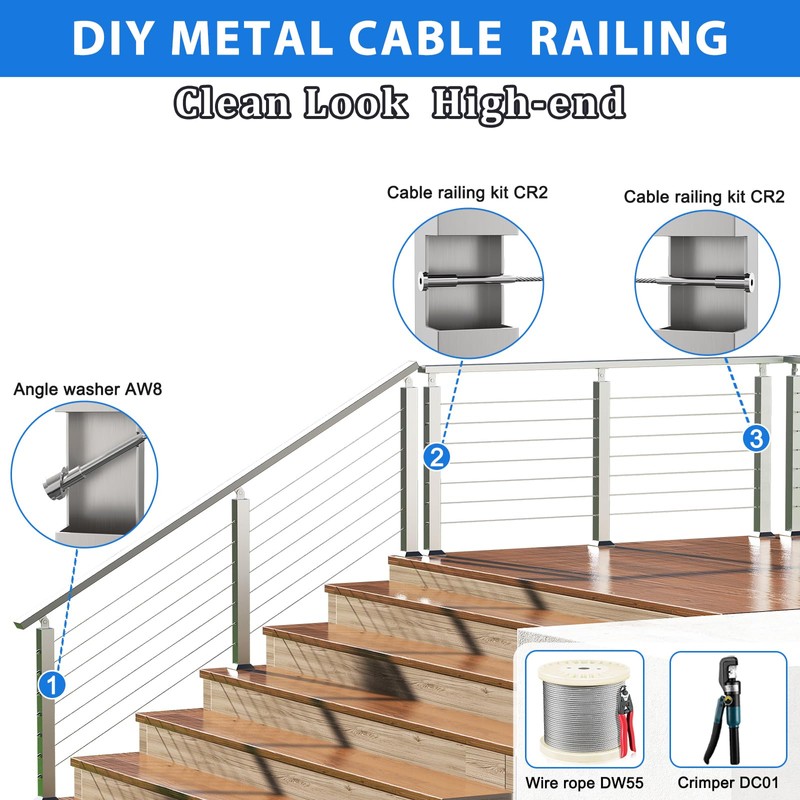 50 Pack Invisible Cable Railing Kit for 1/8" Wire, Marine