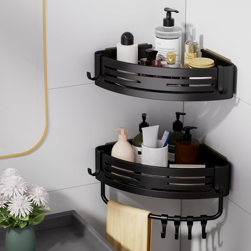 Adhesive Shower Caddy,2 Pack Black Rustproof 90° Bathroom Corner Shelf,Large