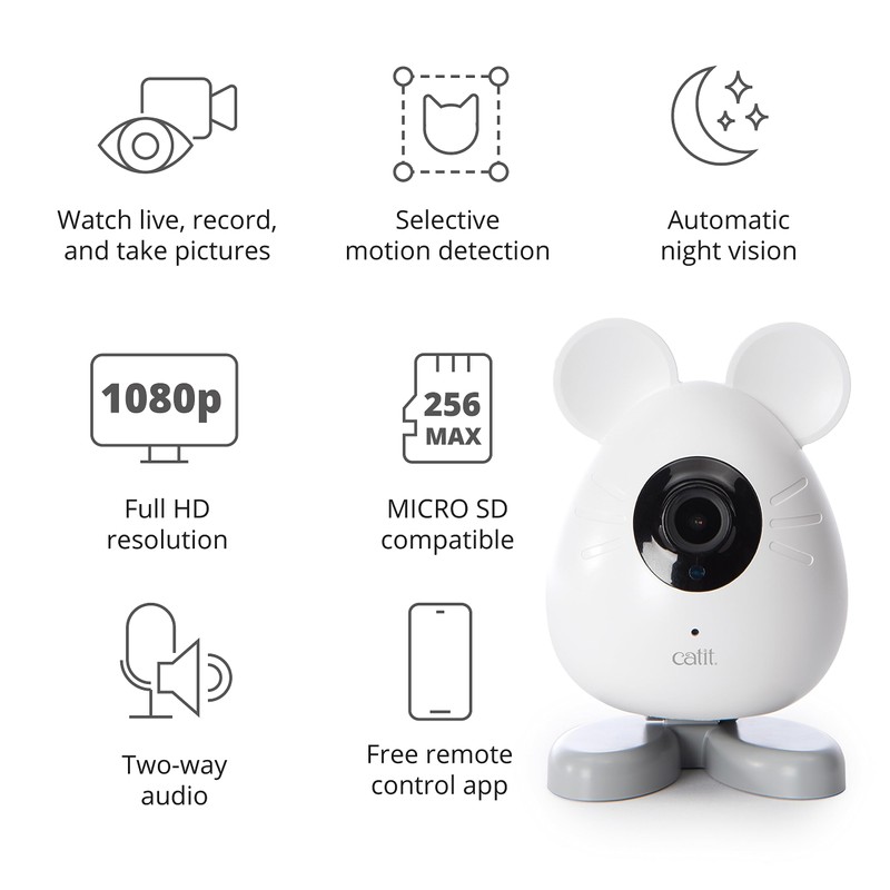 Catit PIXI Smart Mouse-Shaped Cat indoor Camera, App-Controlled Pet, White
