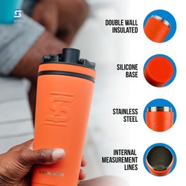 Ice Shaker Insulated Stainless Steel Shaker Bottle | 26oz, Orange | Cold for 30+ Hours | Insulated Cup with Twist-on Agitator | Odor-Free Bottle for Protein Shakes, Water, Smoothies, Cocktails