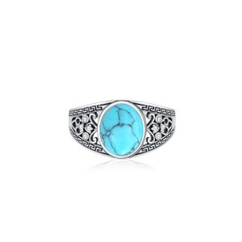 LELOUCHY Vintage 10 MM Turquoise Ring 925 Sterling Silver Created Turquoise with Retro Filigree Statement Ring for Women Size 9