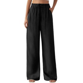 Feiersi Women's Casual Pants Drawstring Elastic Waist Pants Flowy Wide Leg Beach Trousers with Pockets(Black,Medium)