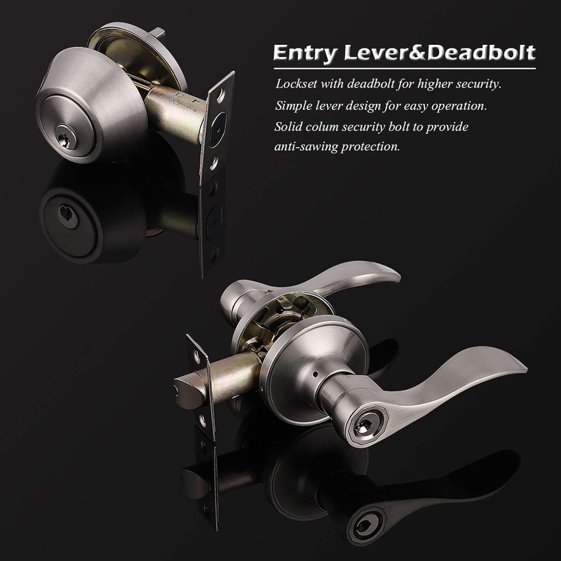 Gobrico Satin Nickel Keyed-Alike Door Levers and Single Cylinder Deadbolts
