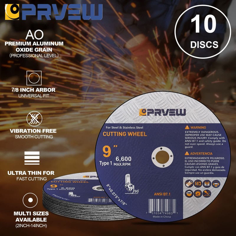 PRVEW 10-Pack Cut Off Wheels 9-Inch, 9"x0.075"x7/8" Quality Cutting Disc,