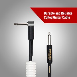 SONICAKE 10 m Guitar Instrument Cable 6.3 mm Coil Cable for Guitar Bass Spiral Cable with Angled Plug and Standard Jack White
