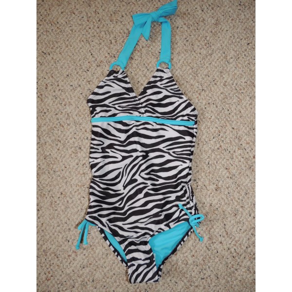 Justice One Piece Swimsuit Swim Suit Blue Black Zebra Print