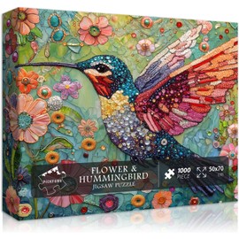 Hummingbird Puzzles for Adults 1000 Pieces, Nature Birds Flower Jewel Art Puzzle, Difficult Crystal Diamond Beautiful Garden Animals Jigsaw Puzzles, Colorful Floral Hard Challenging Puzzles for Adults