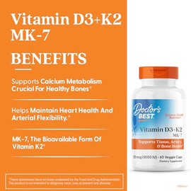 Doctor's BEST Doctor's Best Vitamin D3 + K2 (Vitamin K2 as MK-7), Supports Bone, Tissue, & Arterial Health, Calcium Absorption ? Non-GMO ? Gluten Free ? Vegetarian, 5000 IU, 60 Veggie Caps