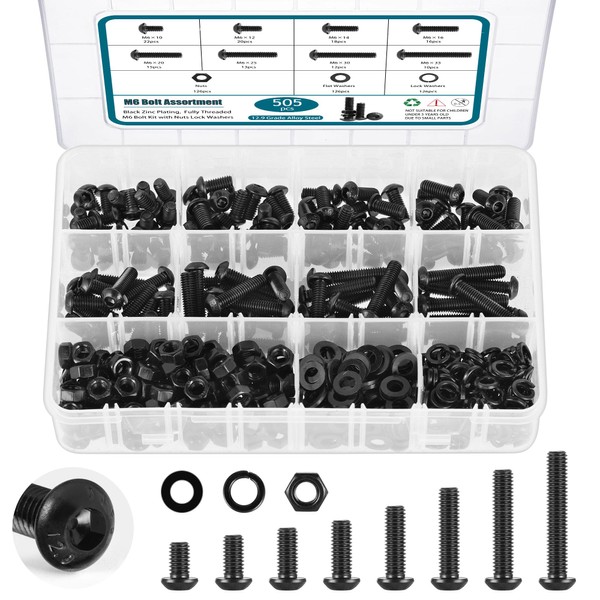 SATANTECH 505Pcs Metric M6 Bolt Assortment 10/12/14/16/20/25/30/35mm Button Head Hex