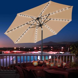 Sundale Outdoor Solar 80 LED 9 ft Patio Umbrella with Sand Bag Umbrella Base, Outdoor Umbrella with Tilt and Crank, Tan