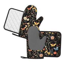 Oven Mitts Pot Holders Set Vintage Butterfly Flower Botanical Silicone Kitchen Gloves Potholders Heat Resistant for Chef Baking Cooking Grilling BBQ 4 Pack Mitt