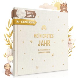 EULENTALER® Baby Journal - My First Year, Genuine Linen Cover with Gold Embossing, Designed by Educators, Hand-Painted Cute Boho Illustrations, 21x21 cm, Baby Album  