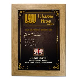 WANSHA HOME A4 Oak Picture Frames (21 x 29.7 cm) Flat Poster Frame - Clear Acrylic Poster Display with MDF Wooden - Portrait/Panoramic - Wall Mount Hooks & Tabletop Stand