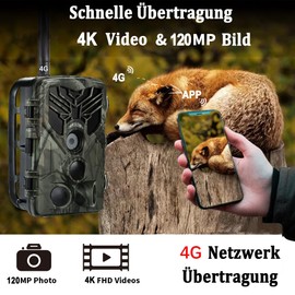 RecorCam Wildlife Camera 4G App, 120 MP 4K, Wildlife Camera with SIM Card, Phone Transmission Photo, Night Vision Camera, 850 nm IR LED, Wildlife Camera with Motion Sensor, Night Vision, 120°