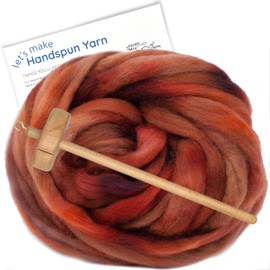 Learn to Spin Yarn - Beginner's Spinning Kit Includes Drop Spindle, Hand Dyed BFL Wool Roving and Printed Instructions with Video. Color: Mahogany