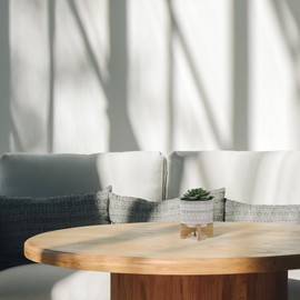 Sagebook Home 5" Ceramic Planter on Bamboo Wood Stand - Ivory/Beige Plant Stand with Contemporary Tribal Design - Indoor or Outdoor Plants and Succulents