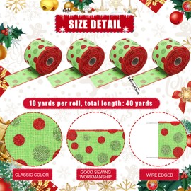 Giegxin 4 Rolls 40 Yard Christmas Ribbon Wired 2.6 Inch Red and Green Polka Dot Ribbon for Wreaths Bows Gift Wrapping Tree Garland DIY Xmas Crafts Christmas Decorations(Green Base)