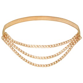 Heyjoin Skinny Stretch Chain Belts Metal Elastic Waist Belts Women Multilayer Thin Belt for Dress (Multilayer Gold-M)