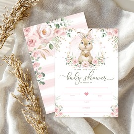FYSUIMU 25 Pack Bunny Baby Shower Invitations with Envelopes Stickers Easter Pink Floral Rabbit Invitation Cards Blank Invites for Spring Birthday, 5 x 7 Inch