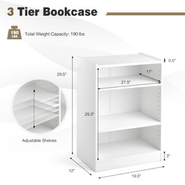 SILKYDRY 3-Tier Small Bookshelf, Freestanding Cube Storage Organizer, Wooden Open Display Book Shelves with 18-Position Adjustable Panels, Low Bookcase for Kid's Room, Bedroom, Closet (White)