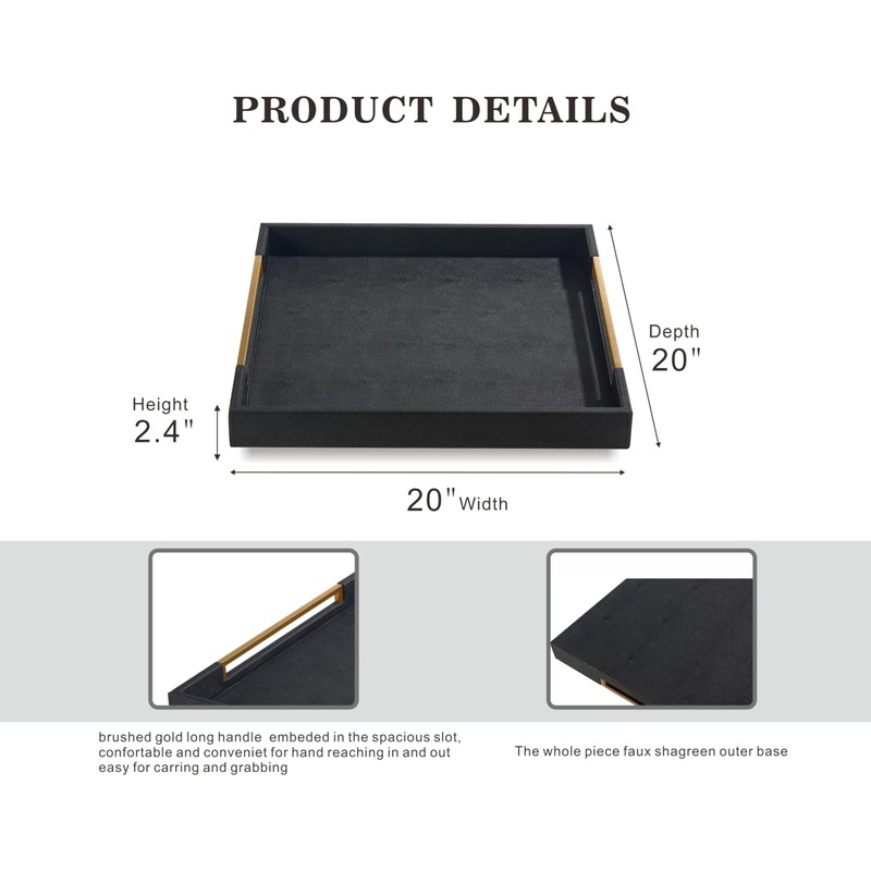 Extra Large Black Shagreen Leather Ottoman Tray with Gold Handles