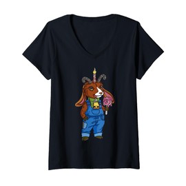 Womens Cartoon Goat Character In Overalls For Kids V-Neck T-Shirt