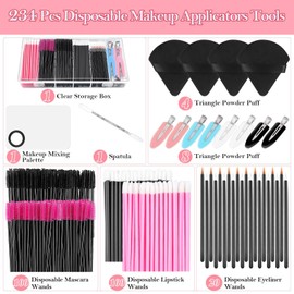 Disposable Makeup Applicator Set, Cosmetic Makeup Mixing Palette with Spatula, Artist Tool, Triangular Powder Puffs, Disposable Makeup Brushes, Wands and Hair Clips with Transparent Organiser Box