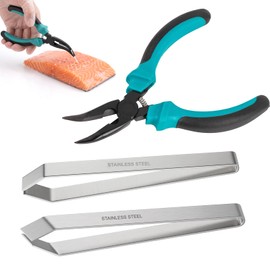 Fish Pin Bone Pliers & Tweezers Set, 3-Piece Deboning Tools for All Seafood Serrated Fish Bone Pliers with Flat and Angled Tweezers, Food-Grade Stainless Steel Pin Bone Remover Tool for Salmon & Trout