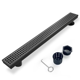 Elefloom Offset Linear Shower Drain, Matte Black Shower Drain 36 inch with Removable Grate Cover, Brushed 304 Stainless Steel Side Outlet Black Shower Floor Drain with Hair Catcher and Leveling Feet