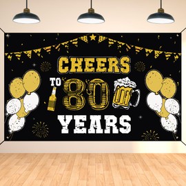 DARUNAXY 80th Birthday Black Gold Party Decorations, Cheers to 80 Years Banner for Men 80 Year Old Birthday Party Supplies, Large Fabric 80 Birthday Backdrop Photography Background for Women
