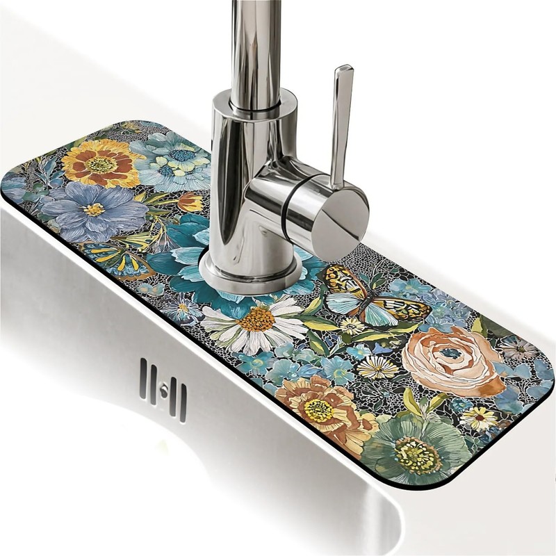 Faucet Fast Absorbent Pad - Chromatic Blooms And Butterfly ,