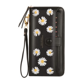 Ecohaso Ladies Purse, Large Women Wallets Cute Daisy Pattern, 13 Card Slots Holder with Strap, RFID Blocking Zipper Wallet Purse for Girls & Ladies (Black)