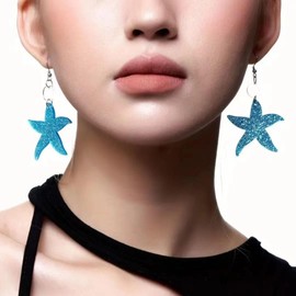 Cute Blue Starfish Glitter Dangle Drop Earrings for Women Beach Hook Dangling Lightweight Hypoallergenic Fashion Jewelry (Blue, One size)