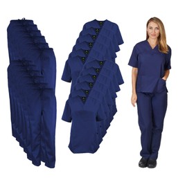 Natural Uniforms Women's Scrub Set Medical Scrub Tops and Pants - Pack of 12 Set (XX-Small, True Navy Blue)