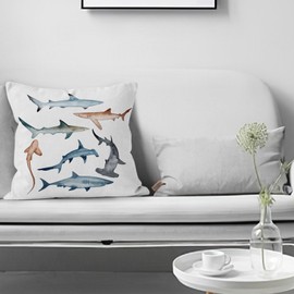 HIWX Shark Pillow Cover, Sharks Watercolor Shark Lover Decorative Pillowcase Throw Pillow Cover, Shark Room Decor, Ocean Fish Shark for Sofa Couch Home Kids Room Decor 18 x 18 Inch Pillow Case