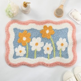 Simplicity Flower Bathroom Mat Non Slip Bath Rug Extra Absorbent and Soft Microfiber Bath Carpet Machine Washable Bath Rug for The Entrance of The Door, Bathroom and Bedroom (24"x16",Blue)