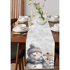 Winter Grey Hat Snowman Table Runner Dresser Scarves Christmas Snow Merry Christmas Kitchen Art Dining 90 inches Long Table Runners Washable Non-Slip Rectangle Table Setting Party Holiday Decoration
