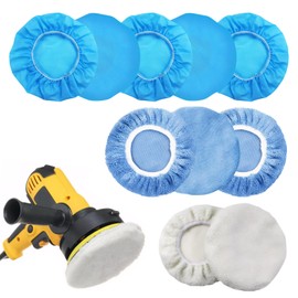 YUFFQOPC 10 Stück Polierhauben Set,9-10 Zoll Polierhauben 5 Mikrofaser 2 Wolle 3 Korallenvlies Polierscheibe für 230mm-250mm Auto-Poliermaschine Blau und Weiß