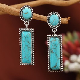 Aloluo Boho Turquoise Rectangle Dangle Statement Earrings for Women Vintage Turquoise Drop Dangling Earring Studs Retro Bohemia Birthday Party Jewelry Gifts
