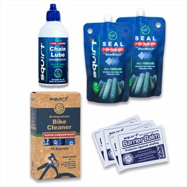 Squirt Bike Care Essentials Kit - Long-Lasting Bike Chain Lube (120ml), Bike Cleaner Sachets for all Bike Parts, Tire Sealant Pouches (120ml), Barrier Balm Sachets for Anti Chafing - Bike Care Kit