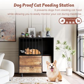 Qiaoxuan Dog Proof Cat Feeding Station, Cat Feeding Station Furniture with Storage and Cats Scratching Board, 2 Raised Pet Food and Water Bowl for Indoor Cats, Large Pet Cabinet